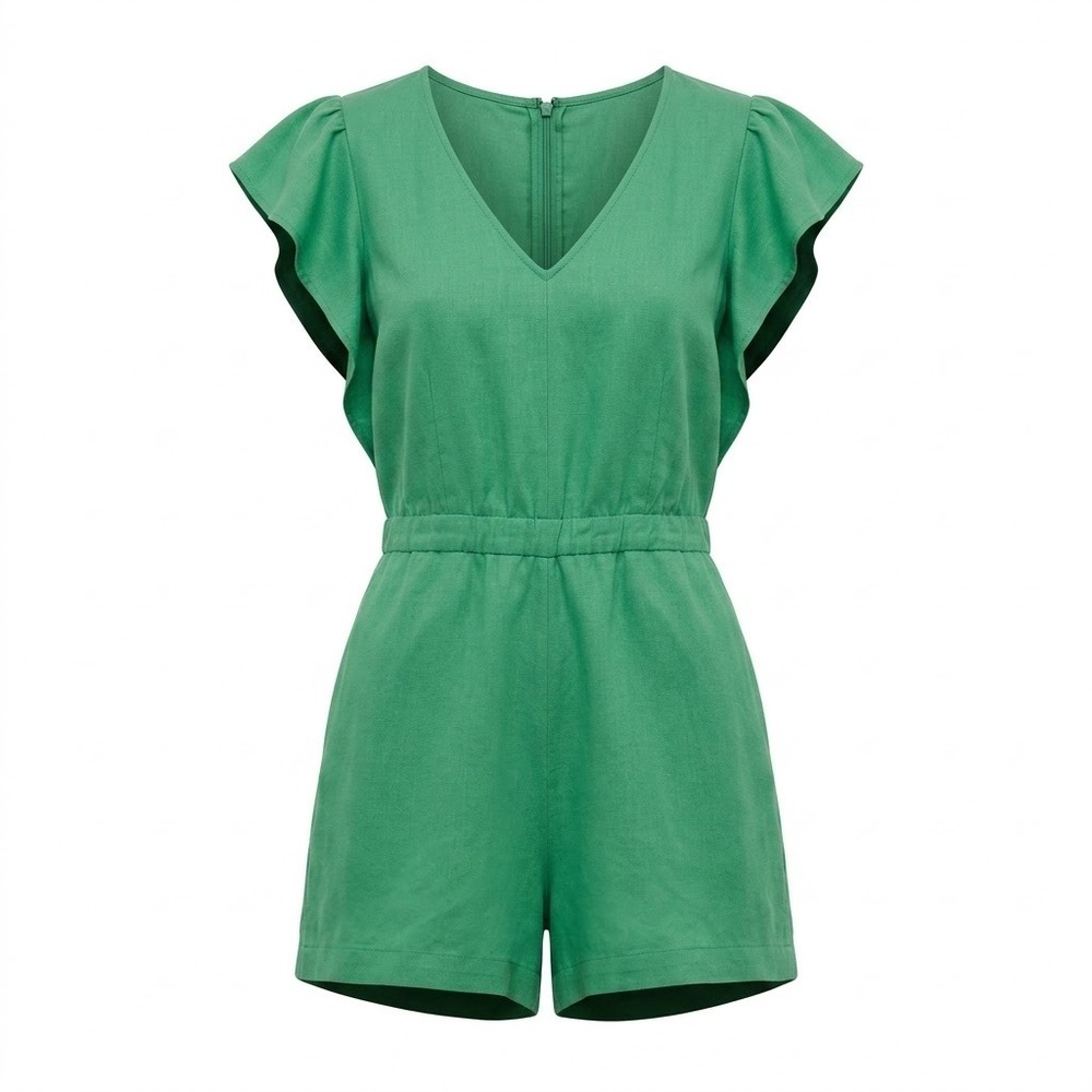 Ann Taylor Kelly Green Linen Romper Flutter Sleeve Preppy Jumpsuit Size 12